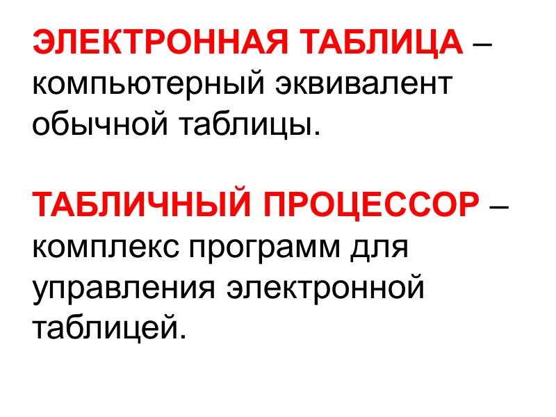 ЭЛЕКТРОННАЯ ТАБЛИЦА – компьютерный эквивалент обычной таблицы.  ТАБЛИЧНЫЙ ПРОЦЕССОР – комплекс программ для